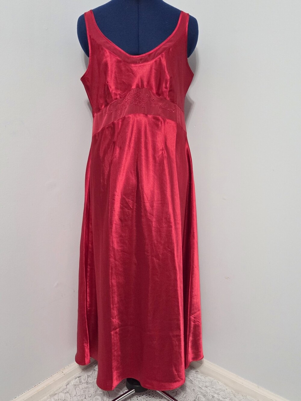 Red Satin Beaded Mesh Insert Slip Dress Size M